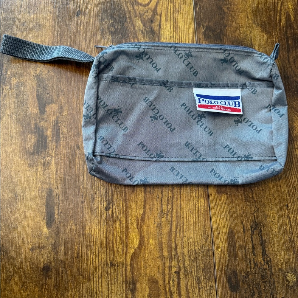 Polo Club Vintage Nylon Travel Pouch Gray‎ Monogram Zip Bag With Strap